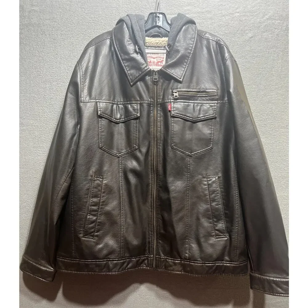 Levi’s Faux Leather Classic Motorcycle Trucker Jacket Brown Mens Size XXL